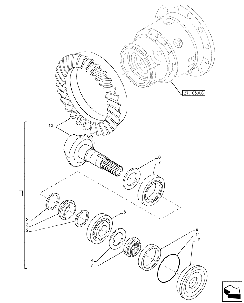 Схема запчастей Case 590SN - (27.106.AA) - REAR AXLE, BEVEL GEAR (27) - REAR AXLE SYSTEM