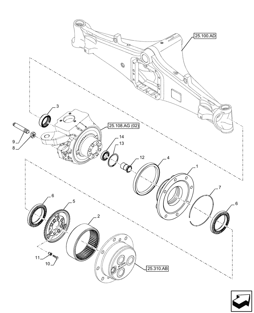 Схема запчастей Case 580SN WT - (25.108.AE[02]) - FRONT AXLE, STEERING KNUCKLE, 4WD (25) - FRONT AXLE SYSTEM