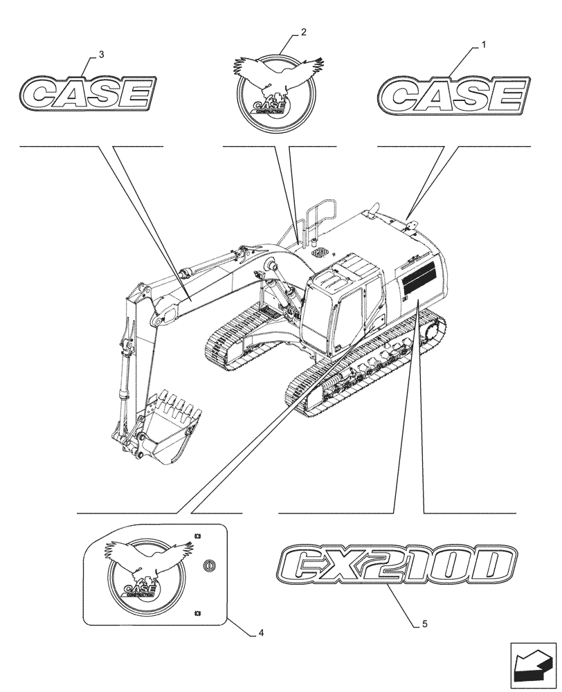 Схема запчастей Case CX210D LC - (90.108.AB[02]) - MODEL IDENTIFICATION DECAL (90) - PLATFORM, CAB, BODYWORK AND DECALS