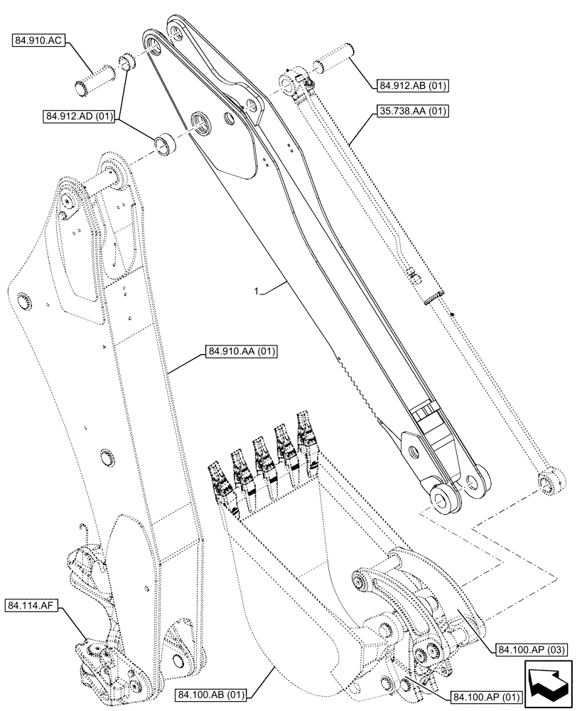 Схема запчастей Case 590SN - (84.912.AA[01]) - STANDARD DIPPER, W/O HYDRAULIC COUPLER (84) - BOOMS, DIPPERS & BUCKETS