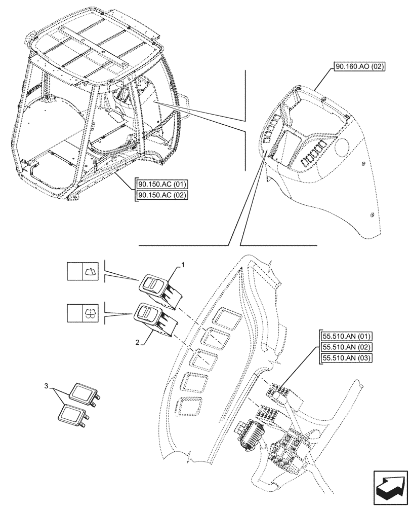 Схема запчастей Case 590SN - (55.518.AY[04]) - VAR - 747853, 747854, 747855 - CAB, WINDSHIELD, FRONT, SWITCH (55) - ELECTRICAL SYSTEMS
