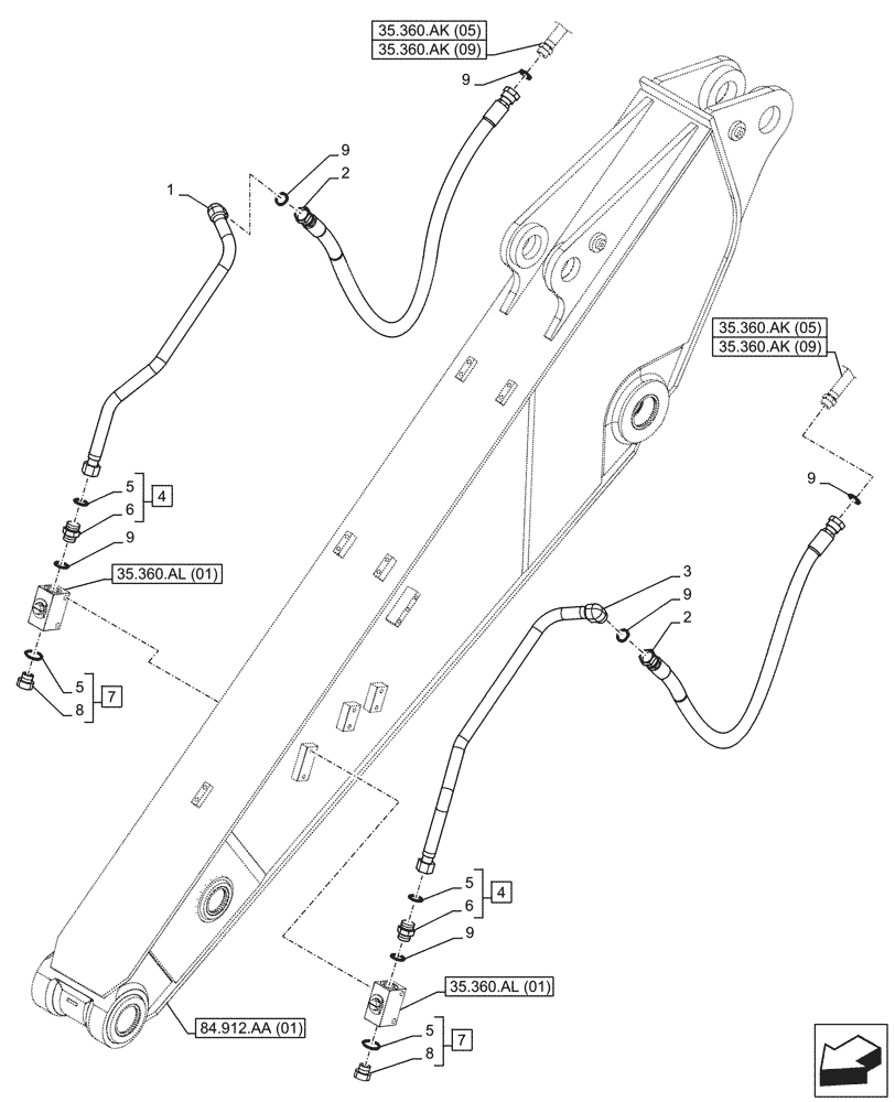 Схема запчастей Case CX210D LC - (35.360.AK[03]) - VAR - 461561, 461583, 461865, 461867, 461869, 461870, 461871 - ARM, LINE, HAMMER CIRCUIT, SHEARS, HIGH FLOW (ARM L=2.4M) (35) - HYDRAULIC SYSTEMS