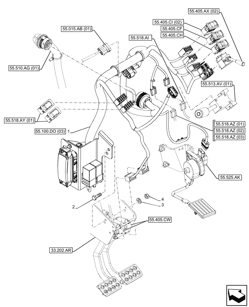 Схема запчастей Case 580N EP - (55.510.AN[02]) - CANOPY, POWERSHUTTLE TRANSMISSION, FRONT CONSOLE, HARNESS (55) - ELECTRICAL SYSTEMS