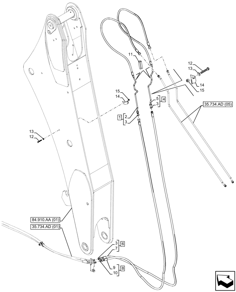 Схема запчастей Case 590SN - (35.734.AD[04]) - QUICK COUPLER, VALVE, HYDRAULIC LINE, EXTENDABLE DIPPER (35) - HYDRAULIC SYSTEMS