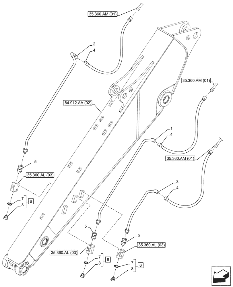 Схема запчастей Case CX210D LC - (35.360.AM[02]) - VAR - 461863, 461864 - ARM, LINE, CLAMSHELL BUCKET, ROTATION, W/ ELECTRICAL PROPORTIONAL CONTROL (ARM L=2.9M) (35) - HYDRAULIC SYSTEMS