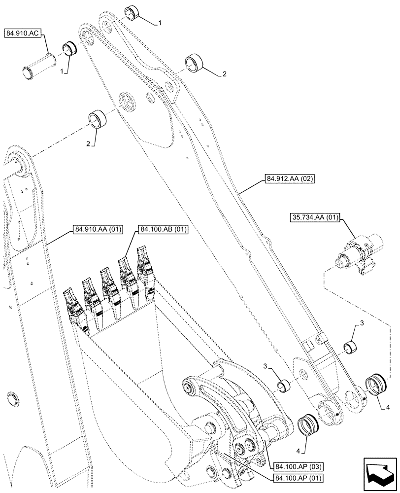 Схема запчастей Case 590SN - (84.912.AD[02]) - STANDARD DIPPER, HYDRAULIC COUPLER, BUSHING (84) - BOOMS, DIPPERS & BUCKETS