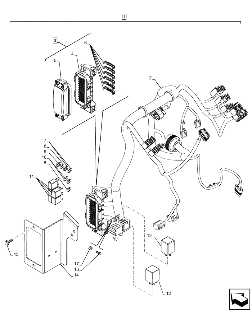 Схема запчастей Case 580N EP - (55.100.DO[03]) - CANOPY, POWERSHUTTLE TRANSMISSION, FRONT CONSOLE HARNESS, FUSE BOX, RELAY (55) - ELECTRICAL SYSTEMS