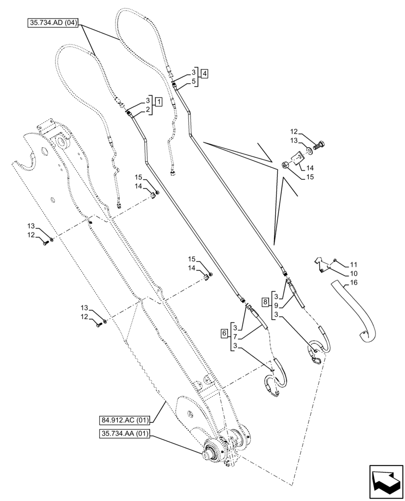 Схема запчастей Case 590SN - (35.734.AD[05]) - QUICK COUPLER, VALVE, HYDRAULIC LINE, EXTENDABLE DIPPER (35) - HYDRAULIC SYSTEMS