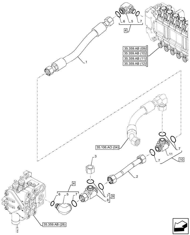 Схема запчастей Case 580SN - (35.359.AE[14]) - LOADER, CONTROL VALVE LINE, BACKHOE CONTROL VALVE (35) - HYDRAULIC SYSTEMS