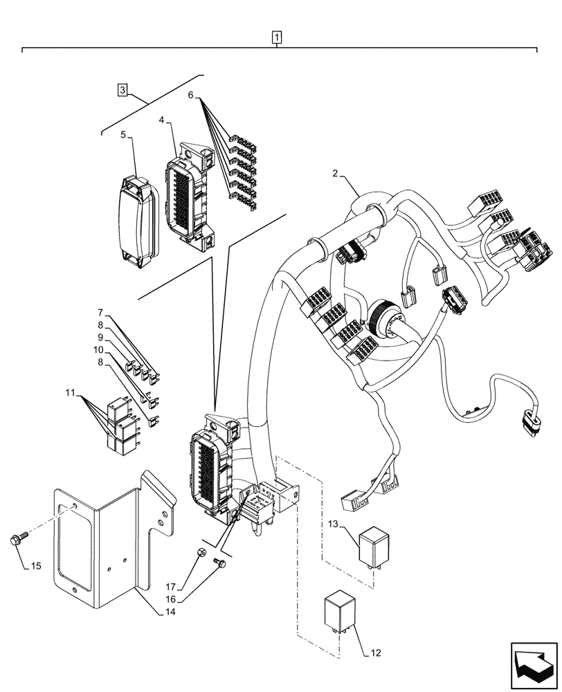 Схема запчастей Case 580N EP - (55.100.DO[02]) - CAB, POWERSHUTTLE TRANSMISSION, FRONT CONSOLE HARNESS, FUSE BOX, RELAY (55) - ELECTRICAL SYSTEMS
