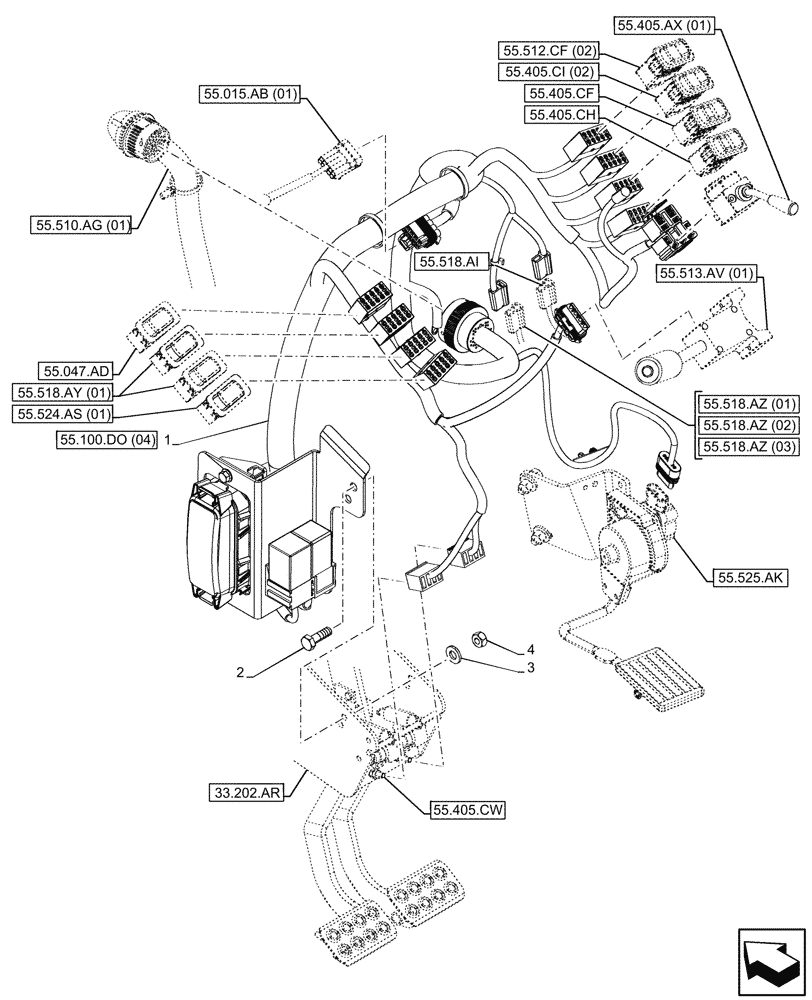 Схема запчастей Case 590SN - (55.510.AN[03]) - VAR - 423058, 423059 - POWERSHUTTLE TRANSMISSION, FRONT CONSOLE, HARNESS (55) - ELECTRICAL SYSTEMS