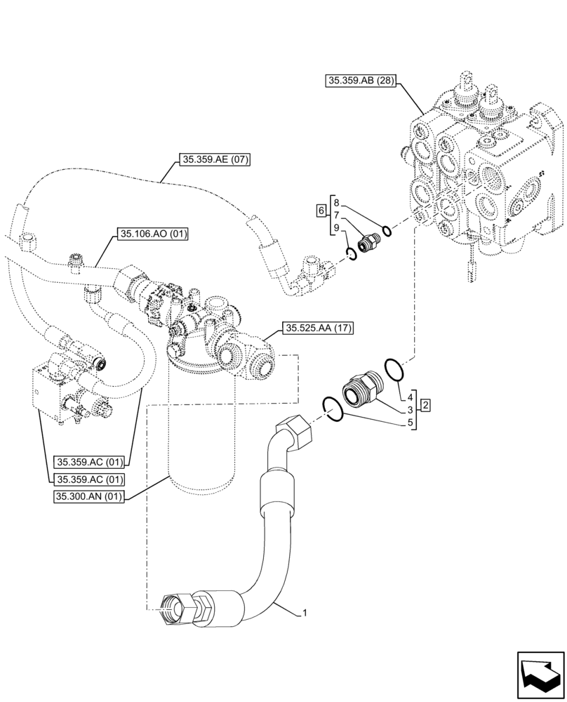 Схема запчастей Case 580SN WT - (35.359.AE[15]) - VAR - 747864 - LOADER, CONTROL VALVE LINE, FILTER (35) - HYDRAULIC SYSTEMS