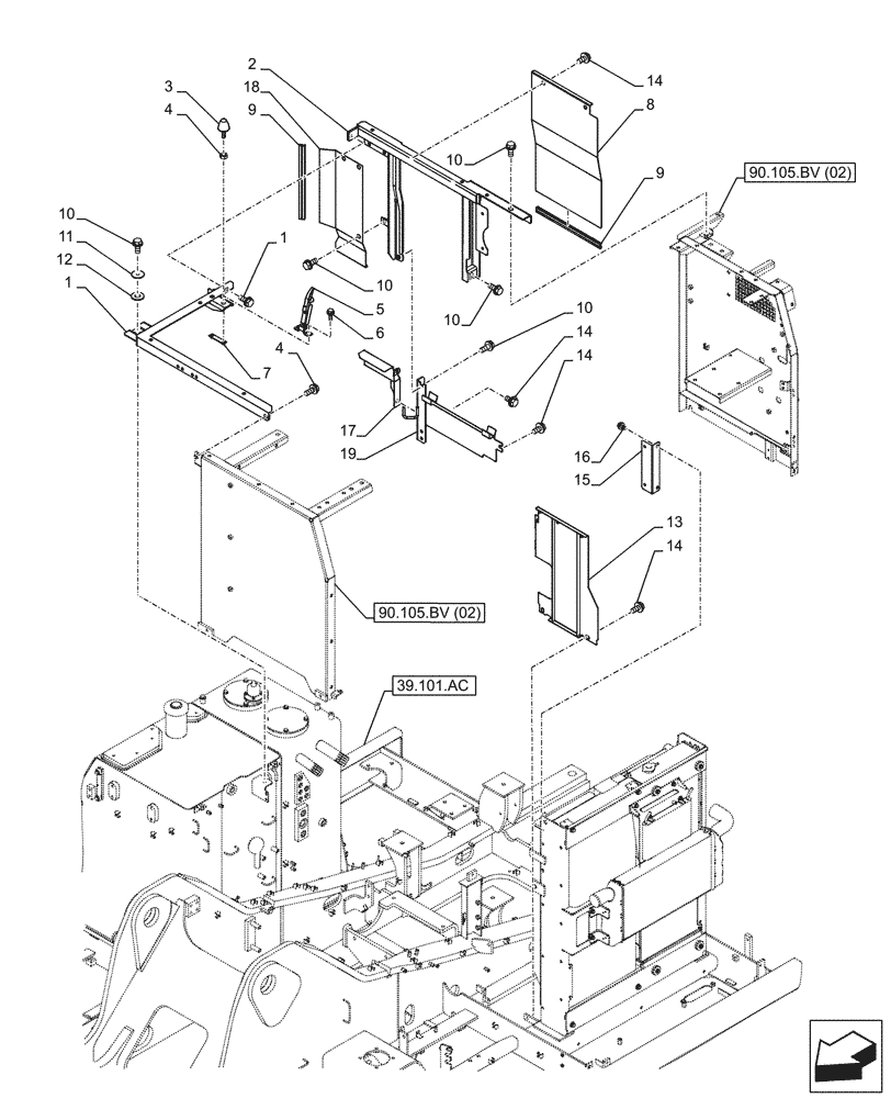 Схема запчастей Case CX210D LC - (90.105.BV[05]) - STD + VAR - 488031, 481027 - HOUSING & COVERS (90) - PLATFORM, CAB, BODYWORK AND DECALS