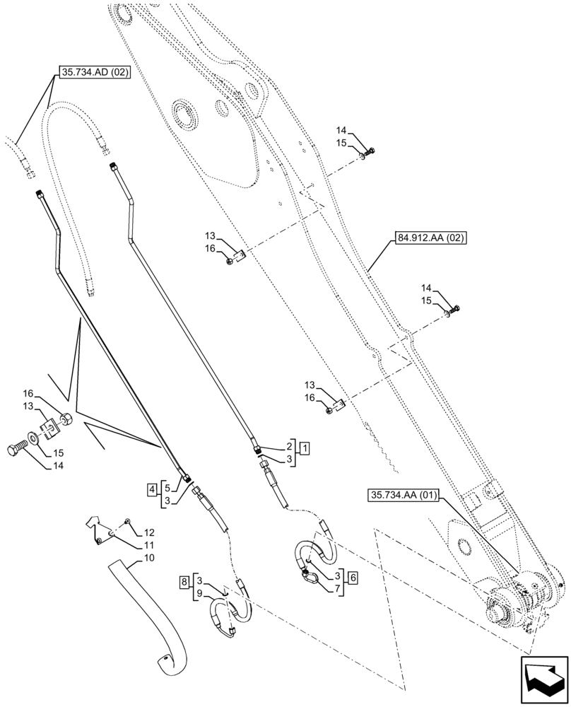 Схема запчастей Case 580SN - (35.734.AD[03]) - QUICK COUPLER, VALVE, HYDRAULIC LINE, STANDARD DIPPER (35) - HYDRAULIC SYSTEMS