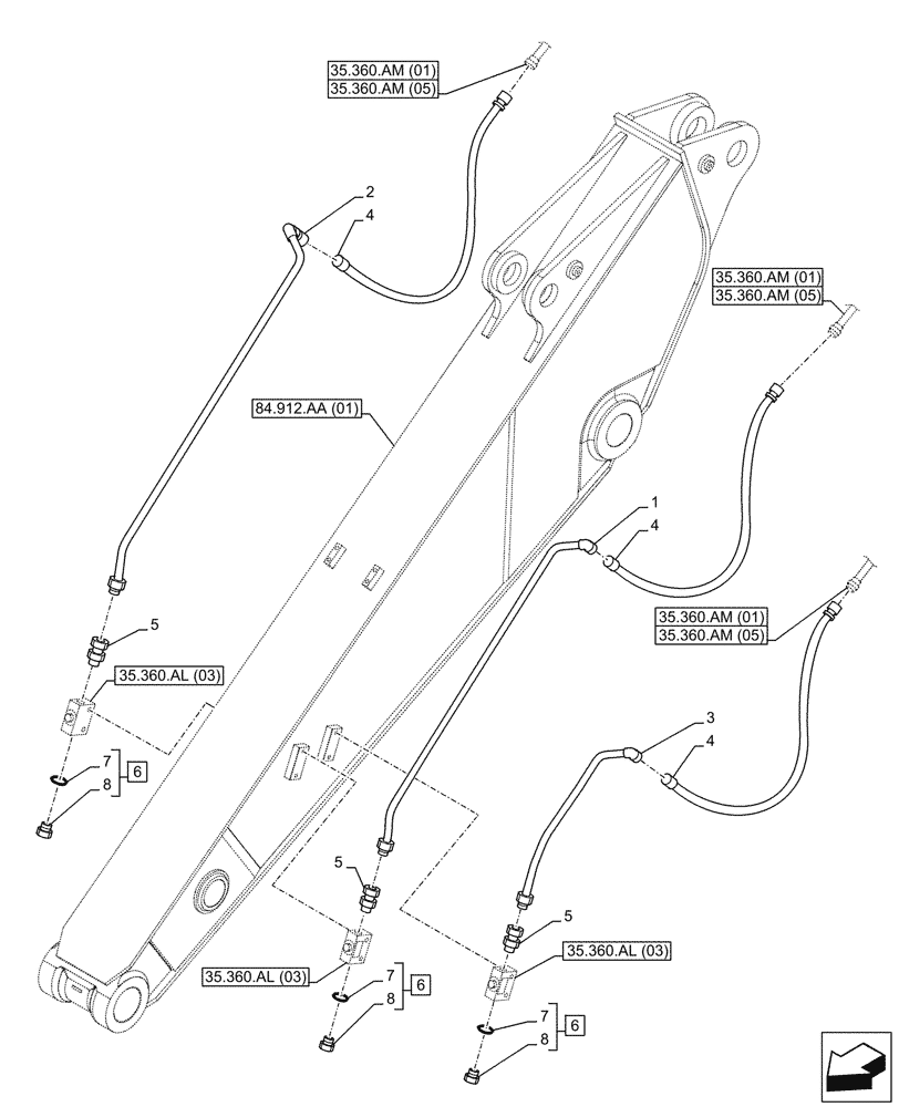 Схема запчастей Case CX210D LC - (35.360.AM[03]) - VAR - 461863, 461864 - ARM, LINE, CLAMSHELL BUCKET, ROTATION, W/ ELECTRICAL PROPORTIONAL CONTROL (ARM L=2.4M) (35) - HYDRAULIC SYSTEMS