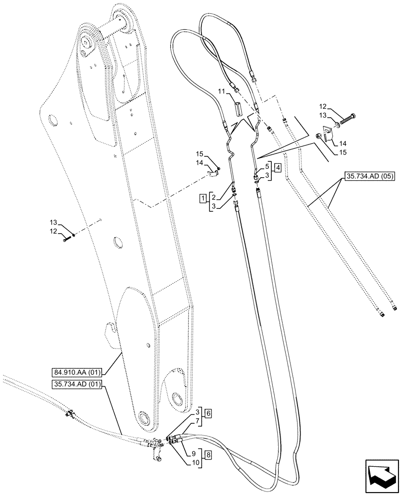 Схема запчастей Case 590SN - (35.734.AD[05]) - QUICK COUPLER, VALVE, HYDRAULIC LINE, EXTENDABLE DIPPER (35) - HYDRAULIC SYSTEMS