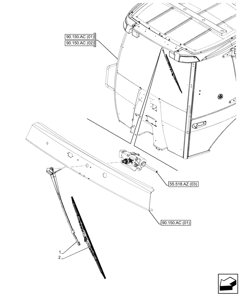 Схема запчастей Case 580N EP - (55.518.AW[03]) - VAR - 747853, 747854, 747855 - CAB, NARROW, WINDSHIELD WIPER, ARM, BLADE (55) - ELECTRICAL SYSTEMS