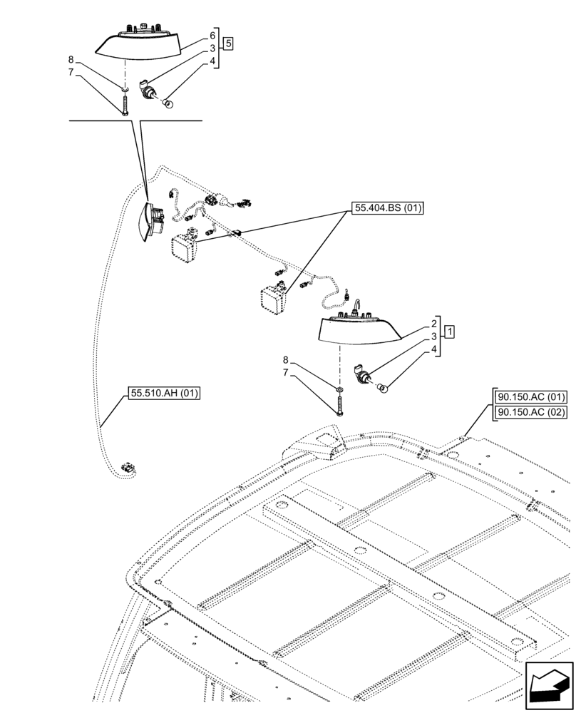 Схема запчастей Case 580N EP - (55.404.AL[01]) - VAR - 747853, 747854, 747855 - CAB NARROW, FRONT LIGHT (55) - ELECTRICAL SYSTEMS