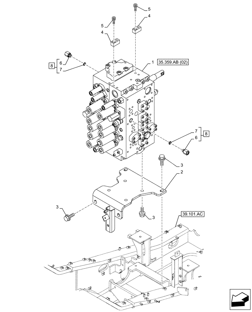 Схема запчастей Case CX210D LC - (35.359.AB[01]) - CONTROL VALVE, MOUNTING, BRACKET (35) - HYDRAULIC SYSTEMS