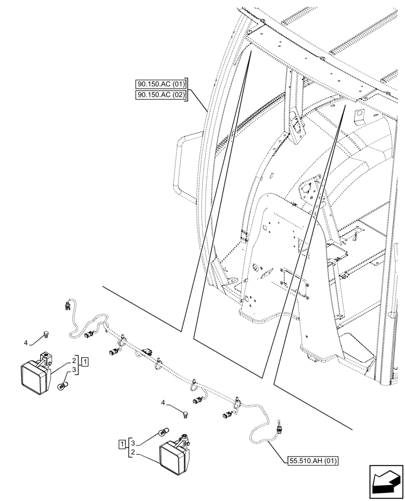 Схема запчастей Case 580N EP - (55.404.BS[01]) - VAR - 747853, 747854, 747855 - CAB, NARROW, FRONT WORK LIGHT (55) - ELECTRICAL SYSTEMS