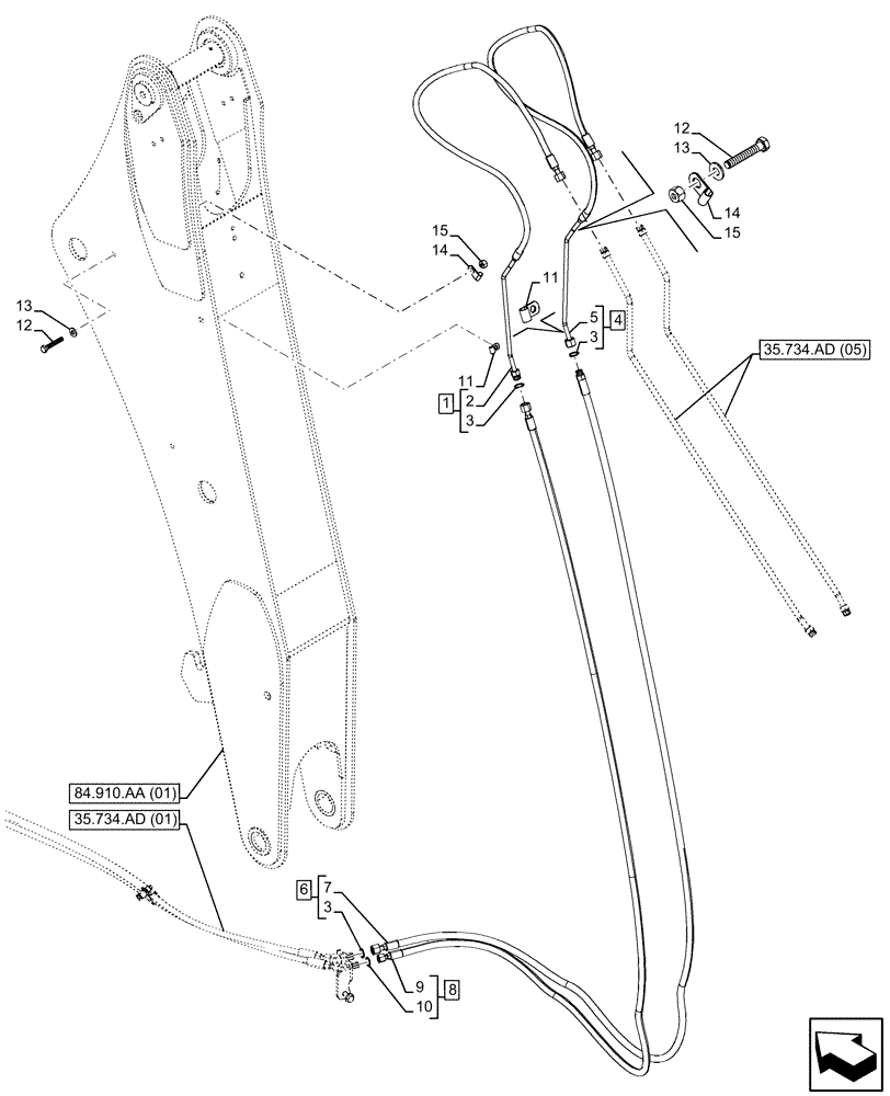 Схема запчастей Case 580SN - (35.734.AD[05]) - QUICK COUPLER, VALVE, HYDRAULIC LINE, EXTENDABLE DIPPER (35) - HYDRAULIC SYSTEMS