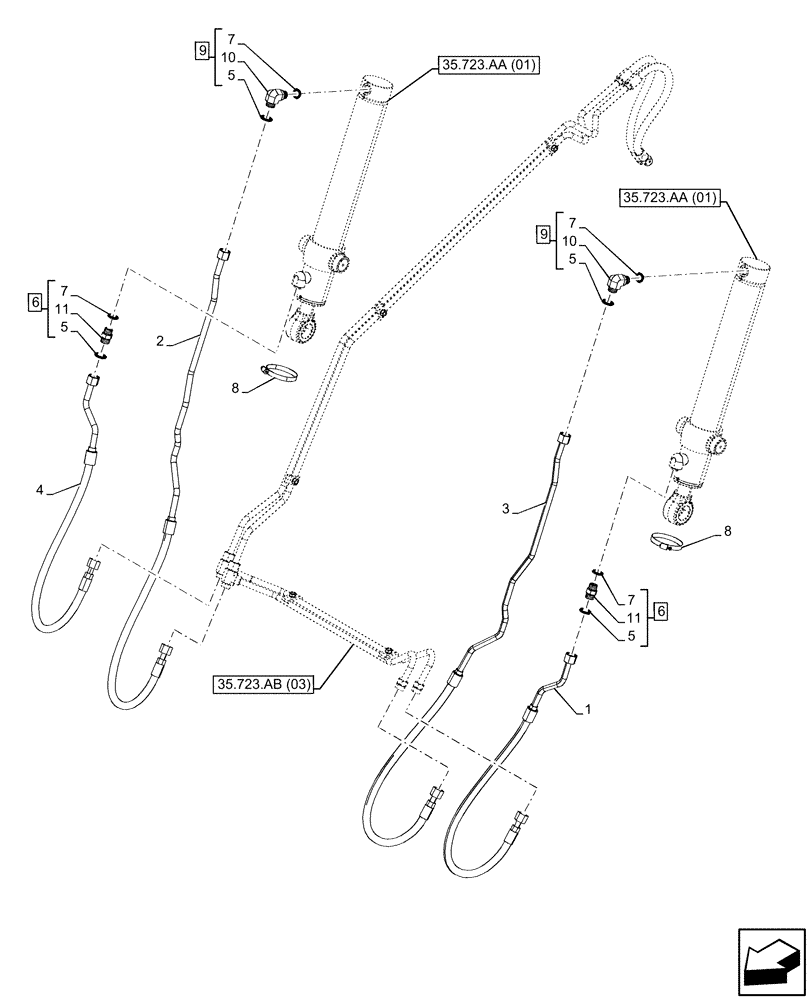 Схема запчастей Case 580SN - (35.723.AB[01]) - BUCKET CYLINDER, LINES (35) - HYDRAULIC SYSTEMS