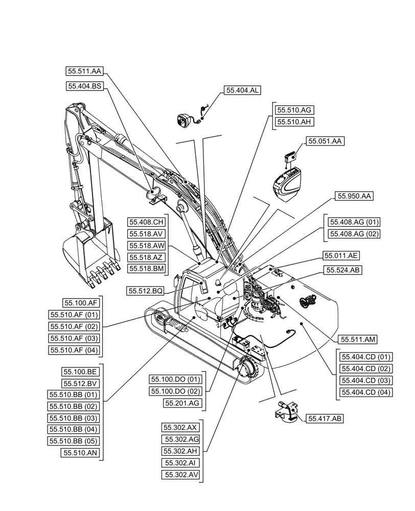 Схема запчастей Case CX210D NLC - (00.000.55[02]) - PICTORIAL INDEX - ELECTRICAL SYSTEMS (00) - GENERAL & PICTORIAL INDEX