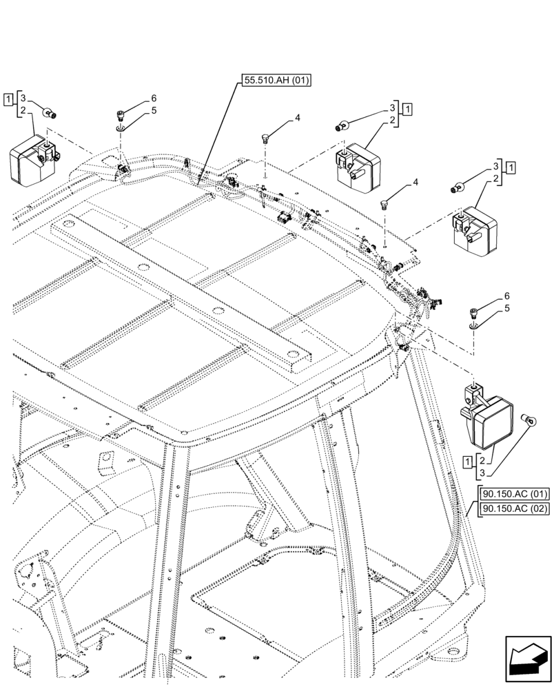 Схема запчастей Case 580N EP - (55.404.CD[01]) - VAR - 747853, 747854, 747855 - CAB, NARROW, REAR WORK LIGHT (55) - ELECTRICAL SYSTEMS