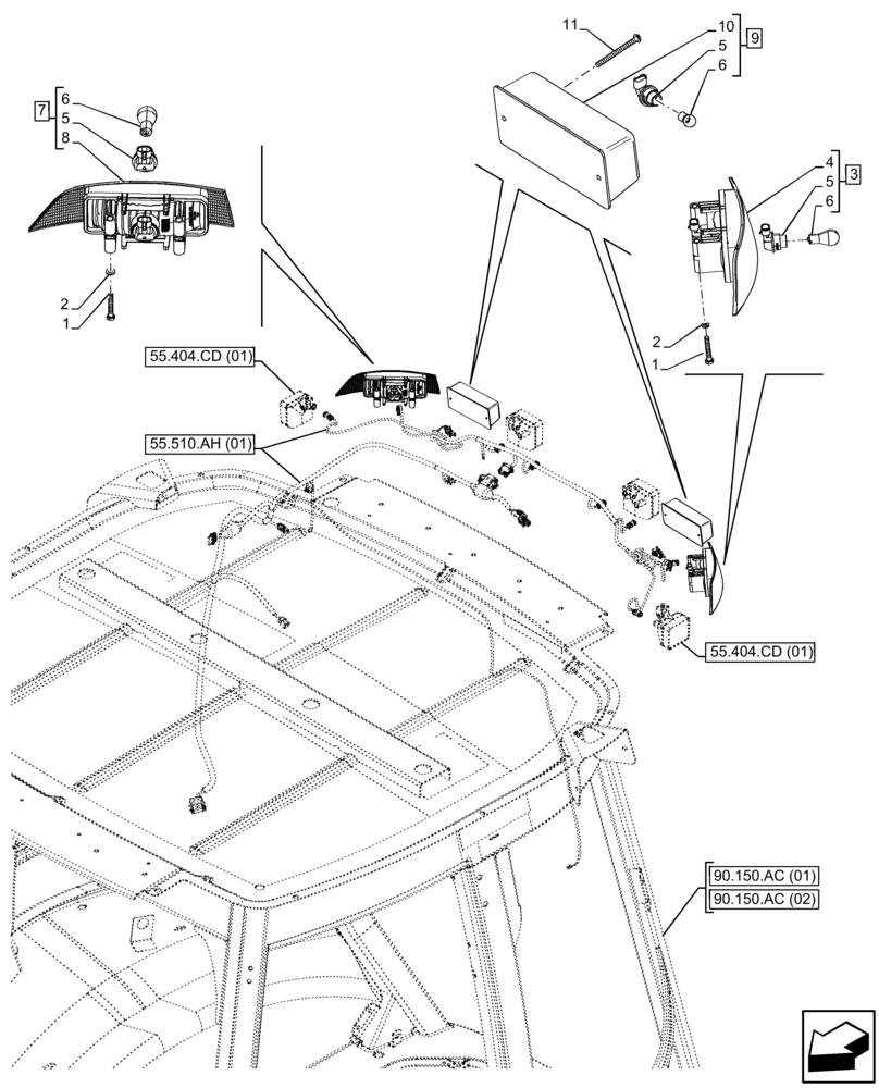 Схема запчастей Case 580N EP - (55.404.BM[02]) - VAR - 747853, 747854, 747855 - CAB, NARROW, REAR LIGHT (55) - ELECTRICAL SYSTEMS