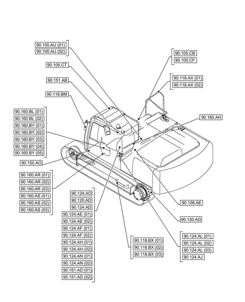 Схема запчастей Case CX210D LC LR - (90.000.00[02]) - SECTION INDEX - PLATFORM, CAB, BODYWORK & DECALS (90) - PLATFORM, CAB, BODYWORK AND DECALS