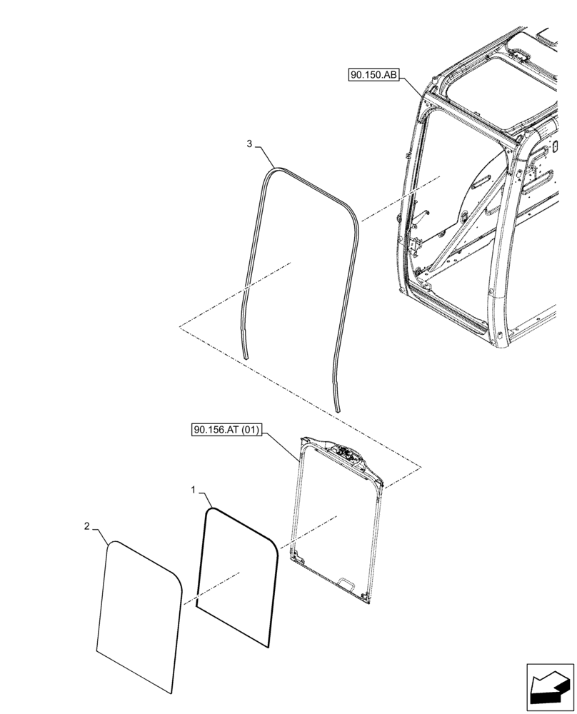 Схема запчастей Case CX210D NLC - (90.156.AL) - CAB GLASS, FRONT (90) - PLATFORM, CAB, BODYWORK AND DECALS