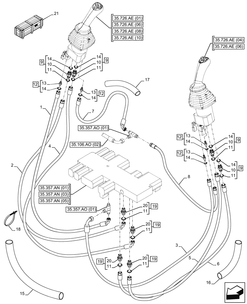 Схема запчастей Case 580SN - (35.357.AK[02]) - VAR - 423078, 747669 - PILOT CONTROLS, JOYSTICK, LINE (35) - HYDRAULIC SYSTEMS
