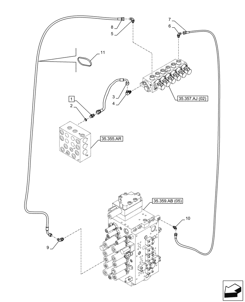 Схема запчастей Case CX210D LC - (35.357.AO[02]) - VAR - 461558 - MAIN, SOLENOID VALVE, PRESSURE PIPE, CONTROL PATTERN SELECTION (35) - HYDRAULIC SYSTEMS