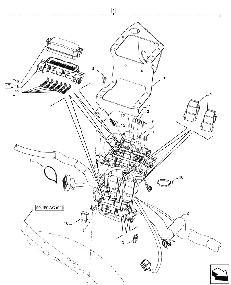 Схема запчастей Case 580N EP - (55.100.DO[05]) - POWERSHUTTLE TRANSMISSION, RIGHT SIDE CONSOLE HARNESS, FUSE BOX, RELAY (55) - ELECTRICAL SYSTEMS