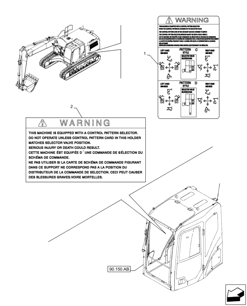 Схема запчастей Case CX210D LC - (90.108.AC[07]) - VAR - 461558 - WARNING DECAL, CONTROL PATTERN SELECTION (90) - PLATFORM, CAB, BODYWORK AND DECALS