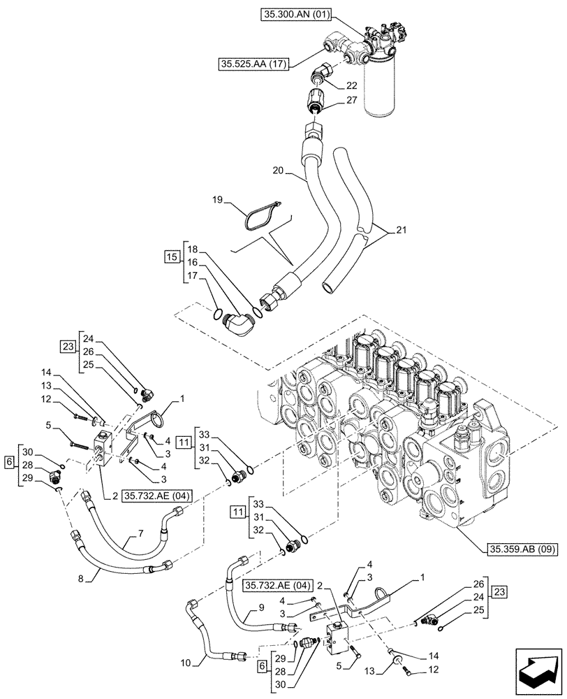 Схема запчастей Case 590SN - (35.732.AE[02]) - STABILIZER, CONTROLS, PILOT CONTROLS, LINES (35) - HYDRAULIC SYSTEMS