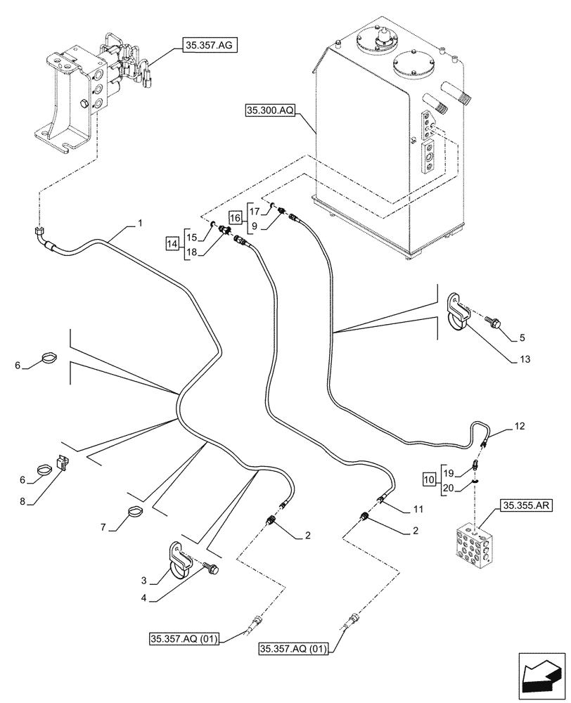 Схема запчастей Case CX210D LC - (35.357.AQ[02]) - PILOT VALVE, DRAIN LINE (35) - HYDRAULIC SYSTEMS