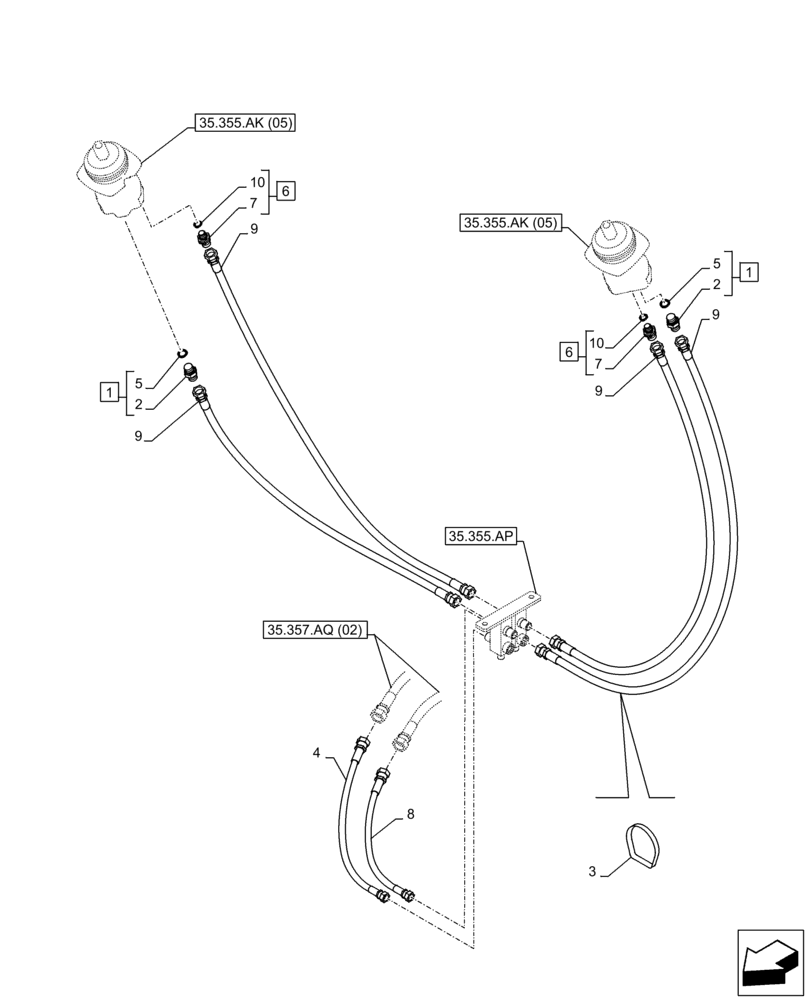 Схема запчастей Case CX210D LC - (35.355.AO[02]) - VAR - 461558 - JOYSTICK, DRAIN LINE, BLOCK, CONTROL PATTERN SELECTION (35) - HYDRAULIC SYSTEMS