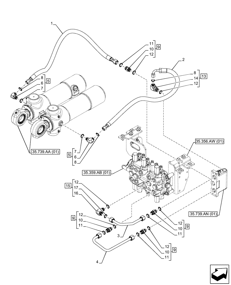 Схема запчастей Case 580SN - (35.739.AE[02]) - VAR - 742369 - BOOM SWING, MECHANICAL, CONTROLS, DAMPING VALVE, LINE (35) - HYDRAULIC SYSTEMS