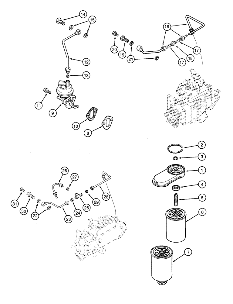 Схема запчастей Case 855E - (3-12) - FUEL FILTER AND LIFT PUMP, 6-590 ENGINE, 6T-590 ENGINE (03) - FUEL SYSTEM