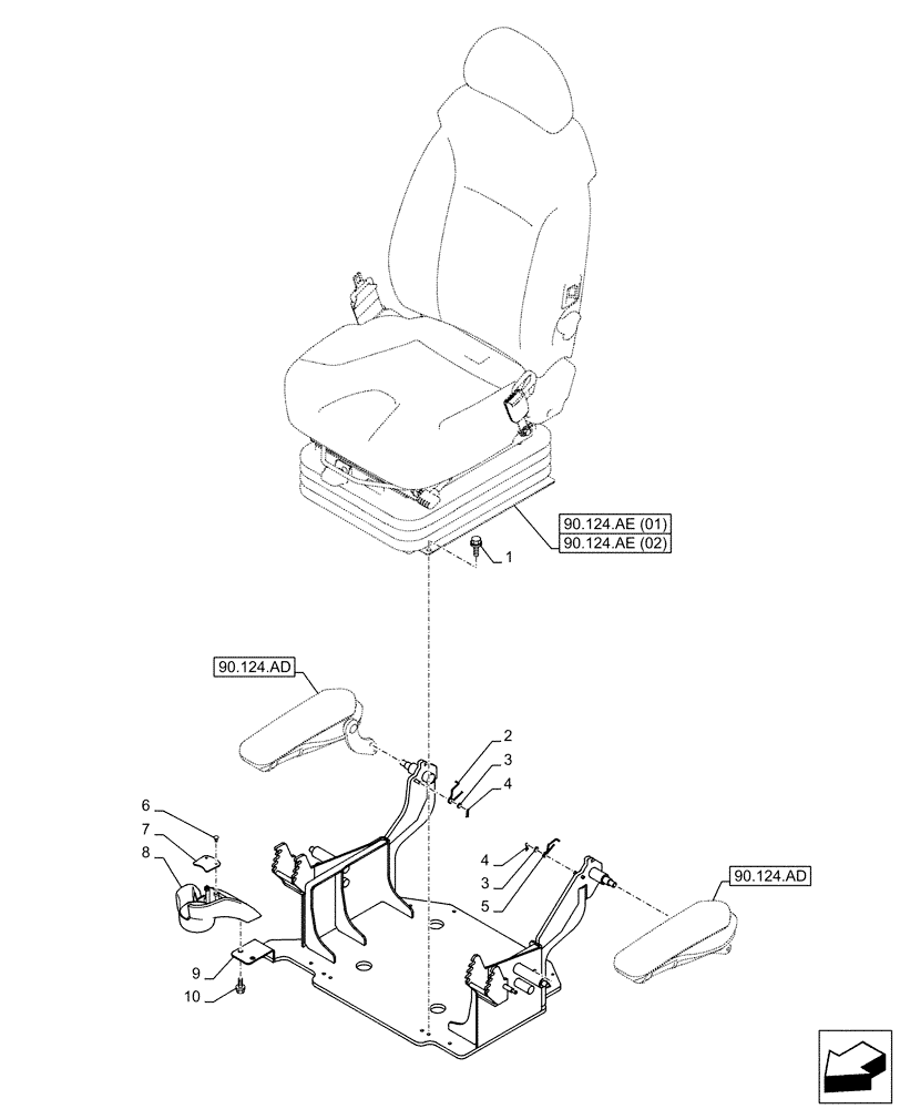 Схема запчастей Case CX210D LC - (90.124.AJ) - STD + VAR - 488035 - SEAT, AIR SUSPENSION, BASE PLATE, HEATED (90) - PLATFORM, CAB, BODYWORK AND DECALS
