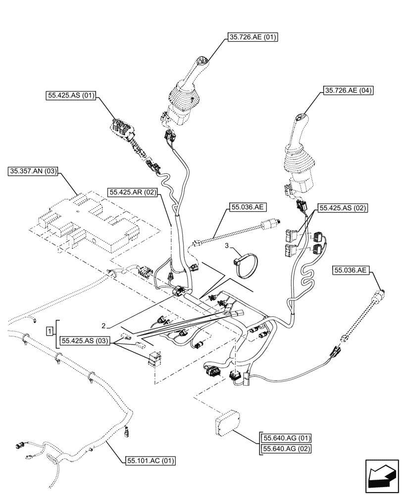 Схема запчастей Case 580N EP - (55.425.AR[01]) - VAR - 423078, 747669 - BACKHOE ARM, PILOT CONTROLS, HARNESS (55) - ELECTRICAL SYSTEMS