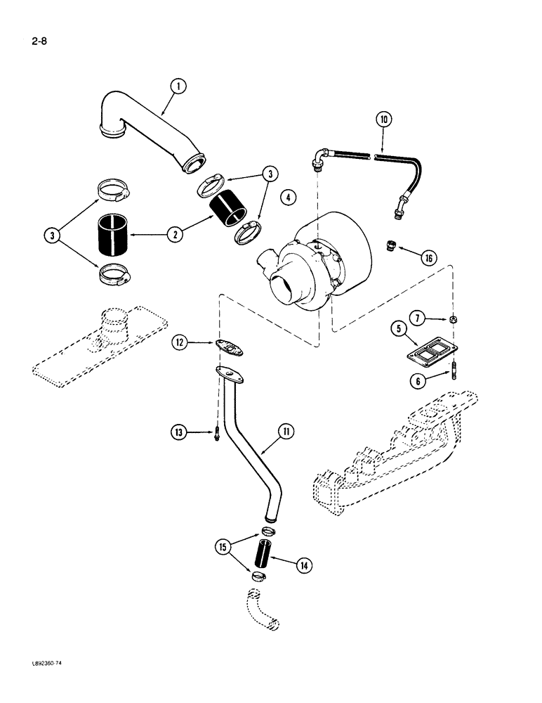 Схема запчастей Case 550 - (2-08) - TURBOCHARGER SYSTEM, 4T-390 ENGINE (02) - ENGINE