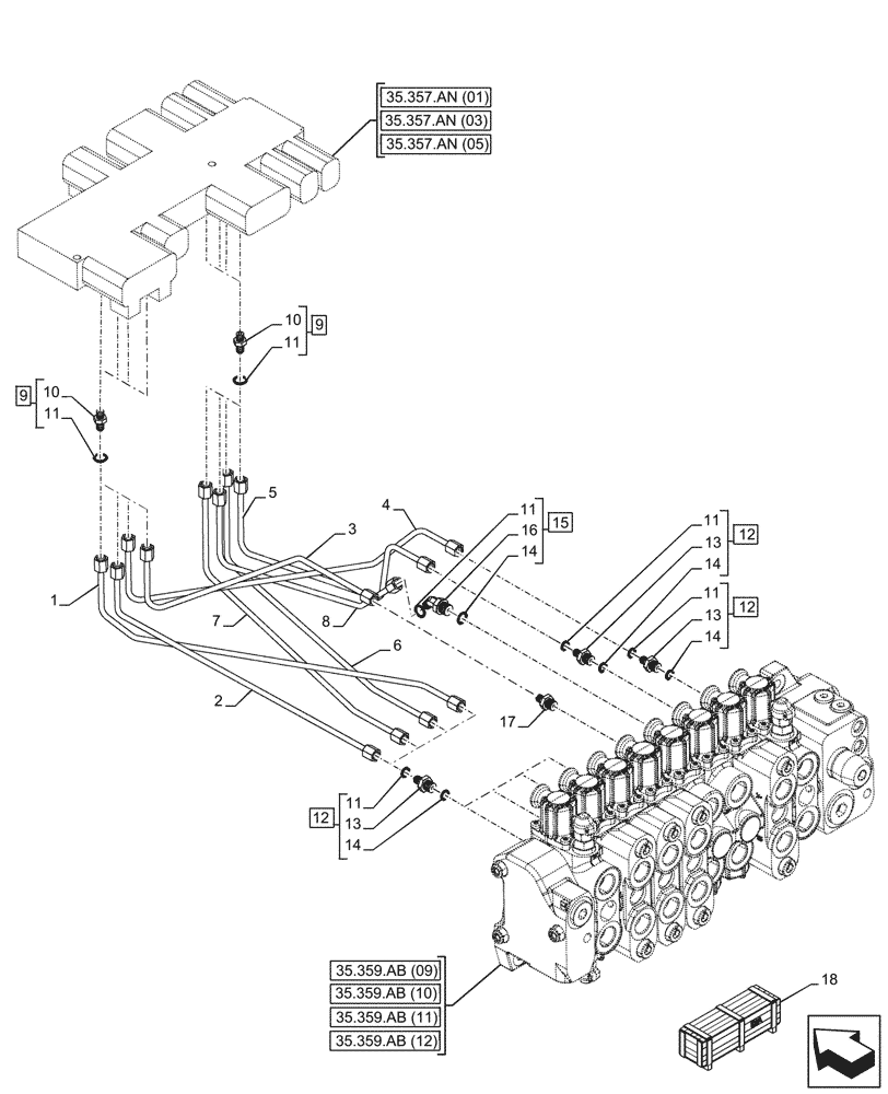 Схема запчастей Case 580SN - (35.357.AO[02]) - VAR - 423078 - BACKHOE ARM, PILOT CONTROLS, LINE (35) - HYDRAULIC SYSTEMS
