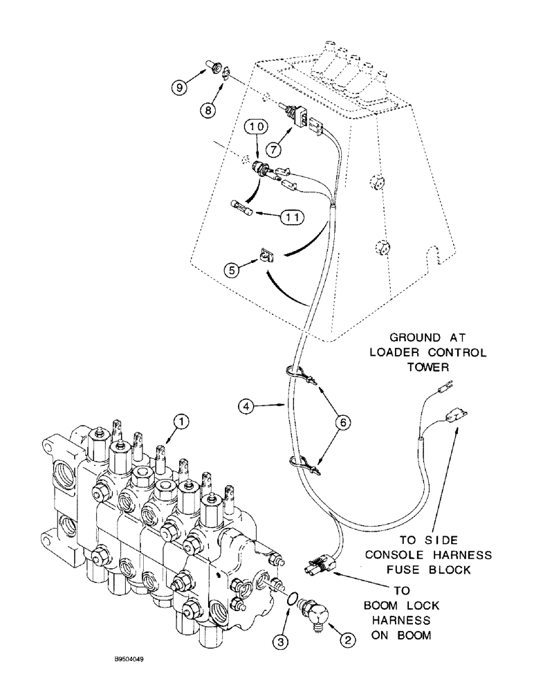 Схема запчастей Case 590SL - (8-56) - BACKHOE BOOM LOCK HYDRAULIC, AND ELECTRICAL CIRCUIT, AT CONTROL TOWER AND BACKHOE VALVE (08) - HYDRAULICS