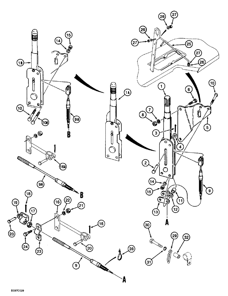 Схема запчастей Case 580L - (7-012) - PARKING BRAKE LEVER AND LINKAGE (07) - BRAKES