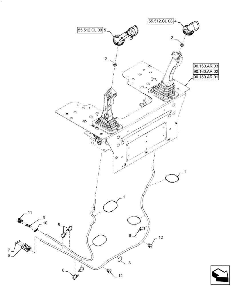 Схема запчастей Case TV380 - (55.512.CL[07]) - LEVEL 200 HANDLE GRIPS, 2-SPEED MECHANICAL CONTROLS, W/O MULTI-FUNCTION ELECTRICAL CONTROL (55) - ELECTRICAL SYSTEMS