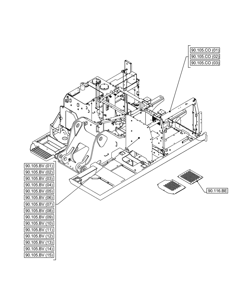 Схема запчастей Case CX210D NLC - (90.000.00[04]) - SECTION INDEX - PLATFORM, CAB, BODYWORK & DECALS (90) - PLATFORM, CAB, BODYWORK AND DECALS