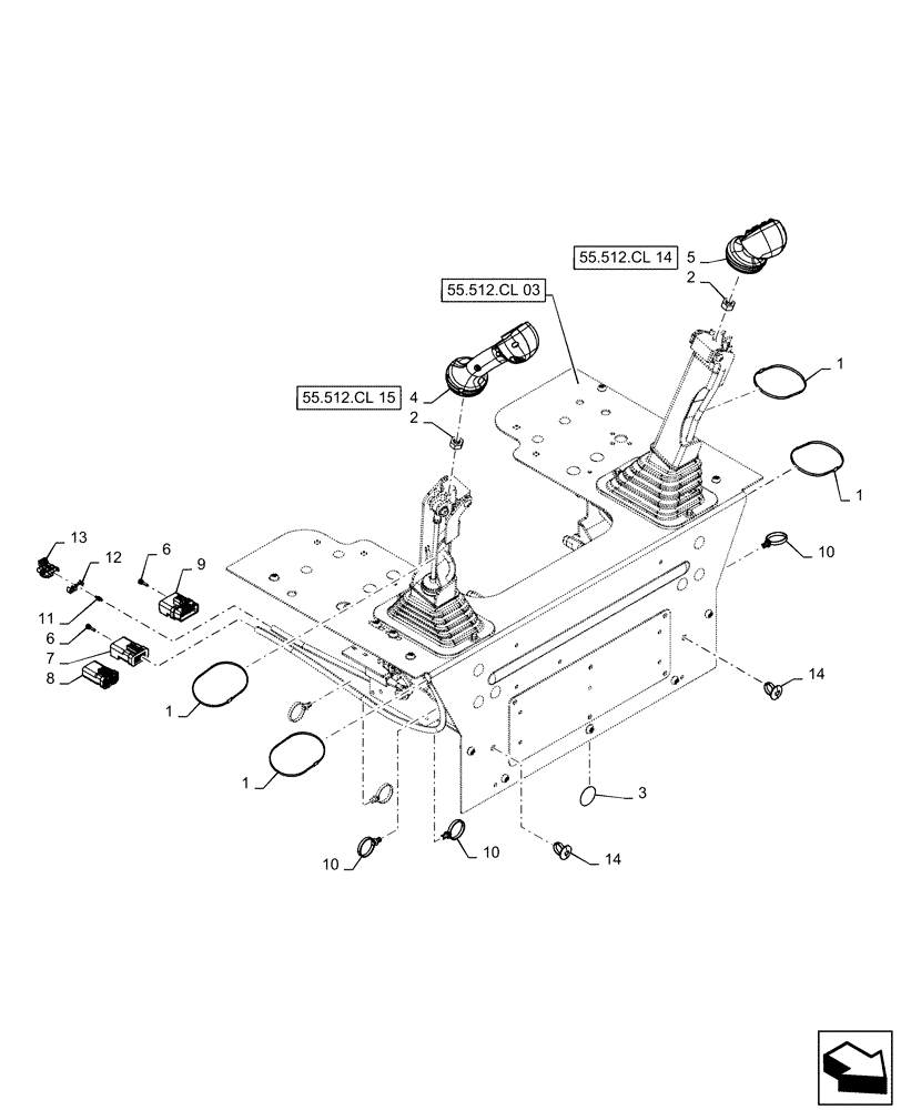 Схема запчастей Case TV380 - (55.512.CL[13]) - LEVEL 300 HANDLE GRIPS, 2-SPEED MECHANICAL CONTROLS, W/ MULTI-FUNCTION ELECTRICAL CONTROL (55) - ELECTRICAL SYSTEMS
