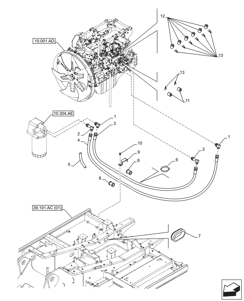 Схема запчастей Case CX350D LC - (10.304.AF[01]) - ENGINE OIL FILTER, LINES (10) - ENGINE